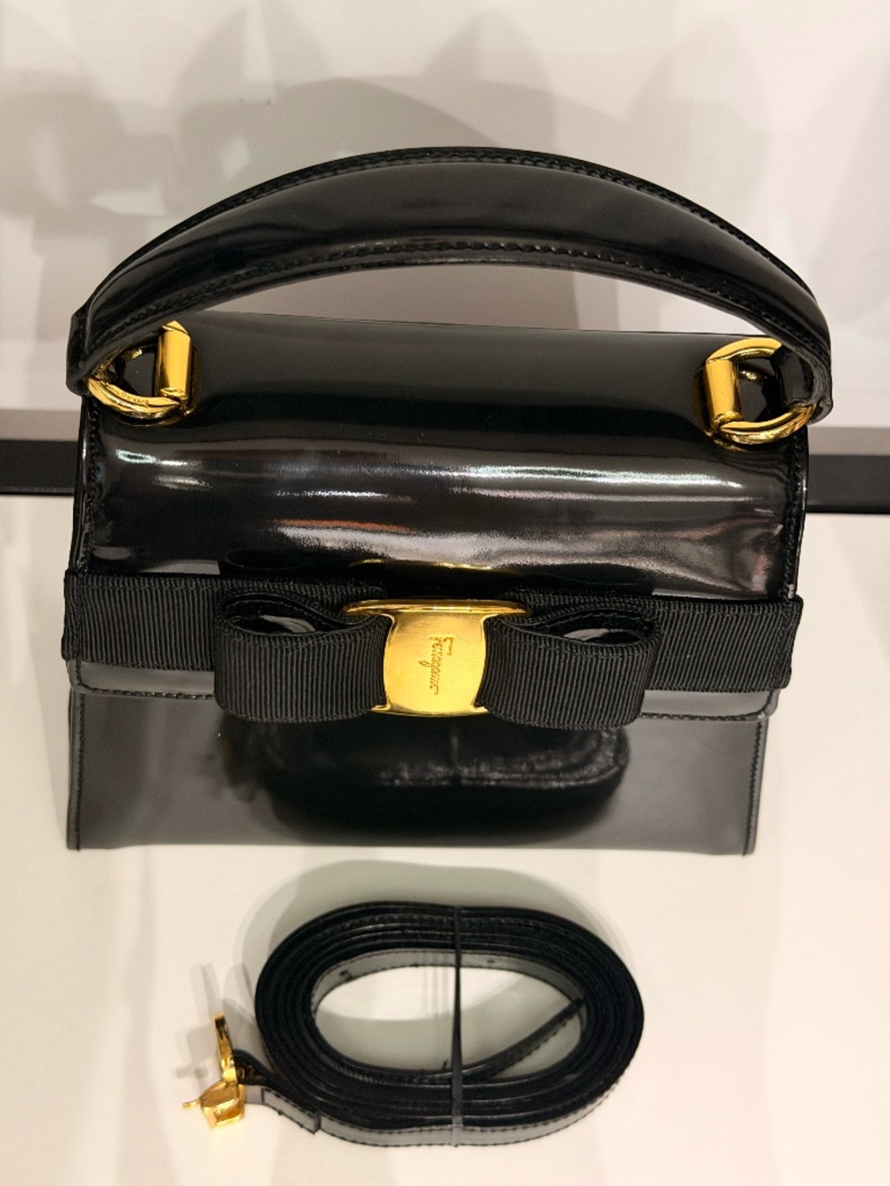 Salvatore Ferragamo Black Patent Leather Vara Bow Top Handle Bag